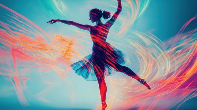 Female ballet dancer in colorful flowing fabric display in motion