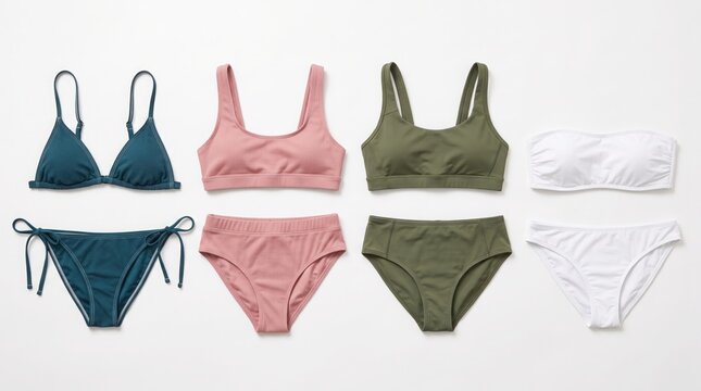 women underwear bikini swimsuits bra briefs collection sports lingerie fashion garments isolated clear white background