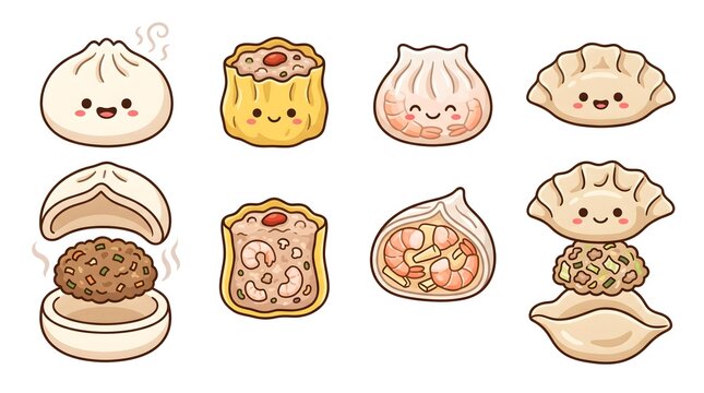 Adorable dim sum cartoon set with dumplings and buns