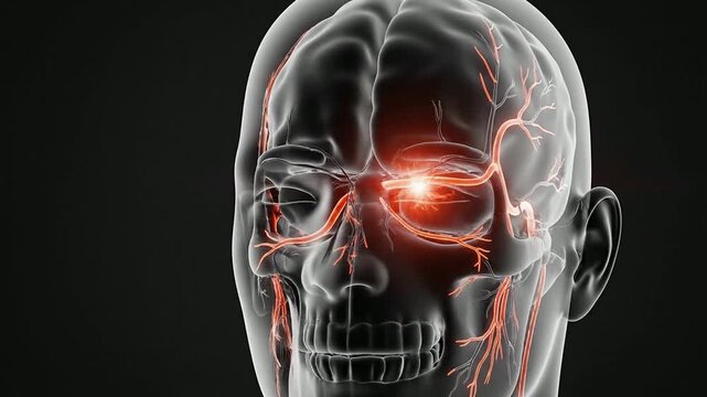 3D Rendering of Human Head with Neural Pathways and Blood Vessels in Detailed Anatomy Illustration on Dark Background for Medical Science Education