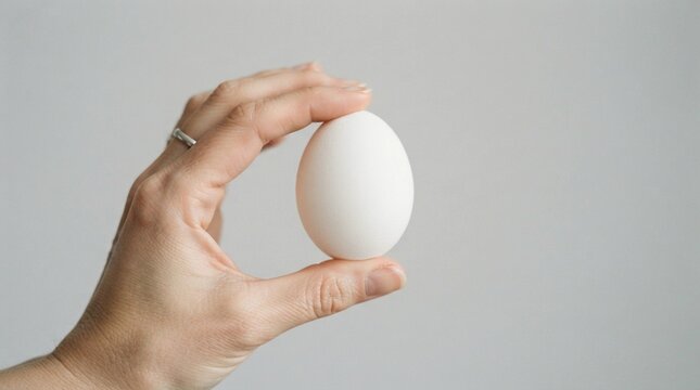 Human hand gently holds one clean white chicken egg against a soft neutral gray background showing delicate skin texture and simple minimalist lighting for food photography