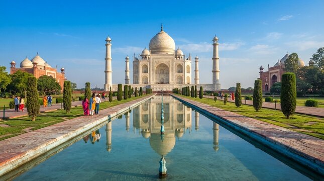 Majestic white marble Taj Mahal mausoleum stands elegantly under a clear blue sky reflecting beautifully in the calm tranquil water pool surrounded by vibrant green gardens