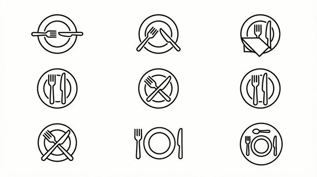 Minimalist dining icon set showcasing various plate and silverware arrangements featuring clean black line art style against a simple white background for professional restaurant menus