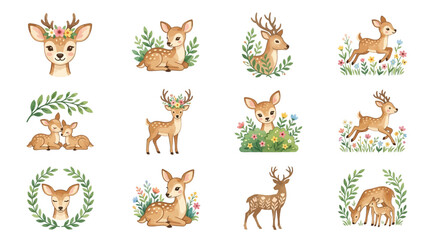 Obraz premium Adorable woodland deer and fawns with flowers.