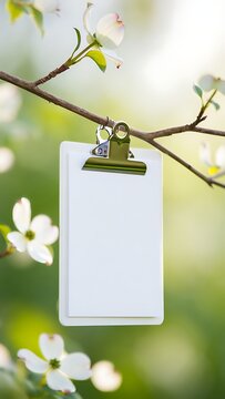Blank Paper Mockup Hanging on Flower Branch in Nature