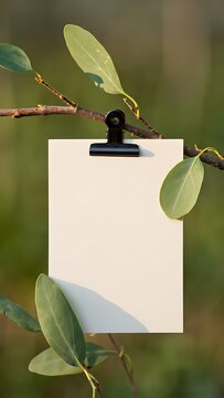 Blank Paper Mockup Hanging on Flower Branch in Nature