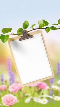 Blank Paper Mockup Hanging on Flower Branch in Nature
