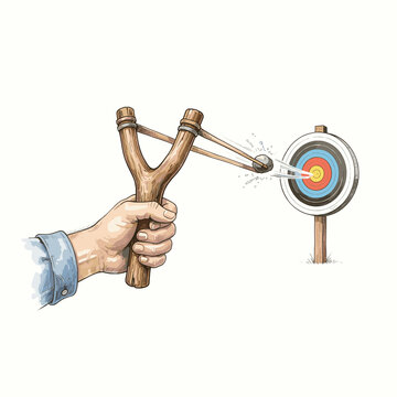Slingshot launching stone at target conceptual illustration for marketing precision blogs, goal setting presentations, project management websites, and strategy execution graphics