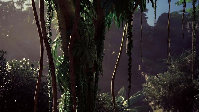 Dusklit trunk and hanging roots framing distant valley, warm rimlight outlines epiphytes, quiet mood with purple sky and soft understorey shadows