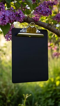 Blank Paper Mockup Hanging on Flower Branch in Nature