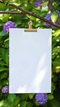 Blank Paper Mockup Hanging on Flower Branch in Nature