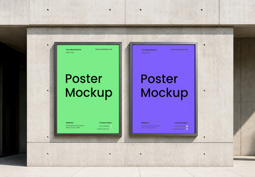 Modern Double Vertical Poster Mockup on Concrete Wall