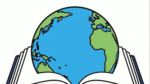 An open book with a globe illustration.