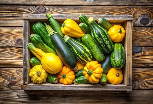Freshly Harvested Assorted Summer Squash and Zucchini in a Wooden Crate on Dark Wood Surface