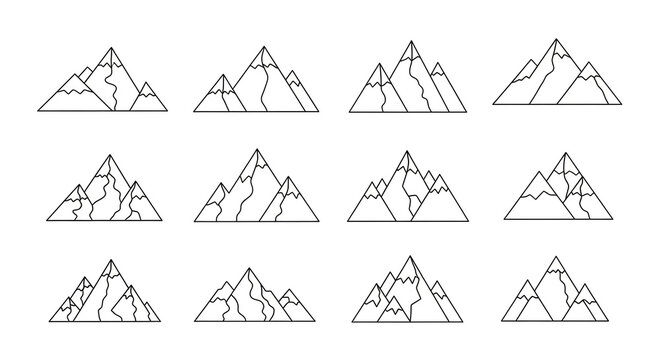 Set of minimalist mountain range icons in thin black line art style with mountain adventure minimalist geometric climbing landscape