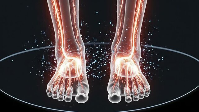 3D Anatomical Illustration of Human Feet with Glowing Bones and Joints for Medical and Healthcare Technology Concepts