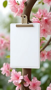 Blank Paper Mockup Hanging on Flower Branch in Nature