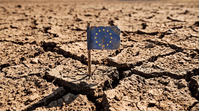Faded European Union flag planted in severely cracked dry earth, EU drought and climate change crisis
