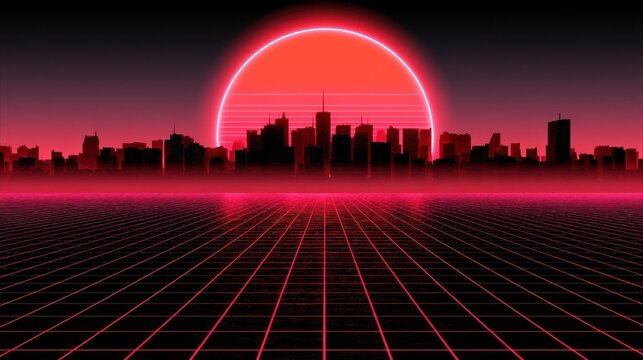 Retro futuristic cityscape with neon sun and grid horizon