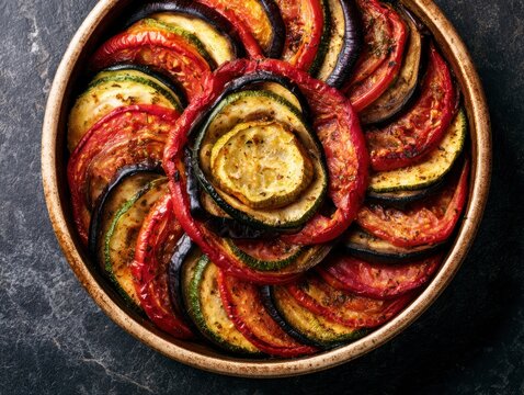 Close up overhead view of ratatouille vegetable tian in rustic bowl