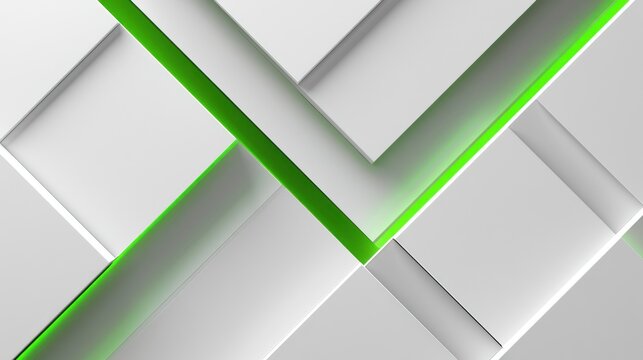 Geometric abstract background with intersecting white planes and green neon light