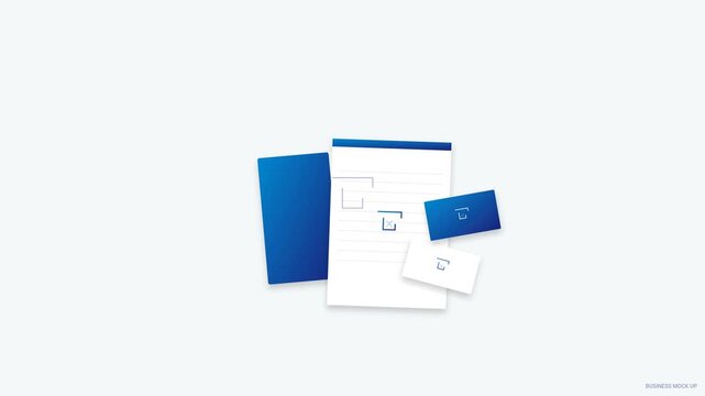 Modern and professional corporate branding stationery set featuring blue folder, notepad, and business cards for business identity presentation and office supplies concept