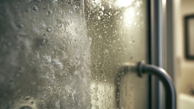 Steamy shower glass with water droplets and metal handle