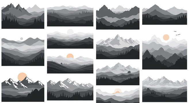 Collection of monochrome mountain landscape silhouette illustrations with mountain landscape silhouette illustration monochrome minimalist
