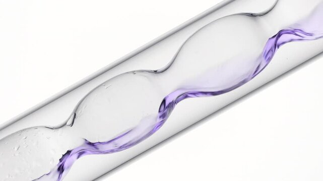 Detailed close-up of violet transparent solution being poured and filling up inclined bulb lab condenser over white backdrop | Lavender hydrosol ingredient visualization concept