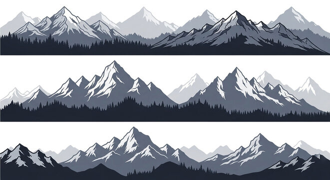 Detailed mountain landscape silhouettes with forest bases mountain silhouette landscape wilderness adventure background panoramic isolated