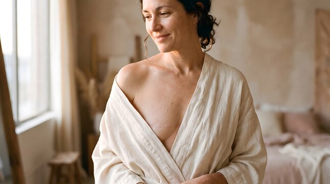 A breast cancer survivor shows her scar from a mastectomy while wearing a robe at home. AI generated.