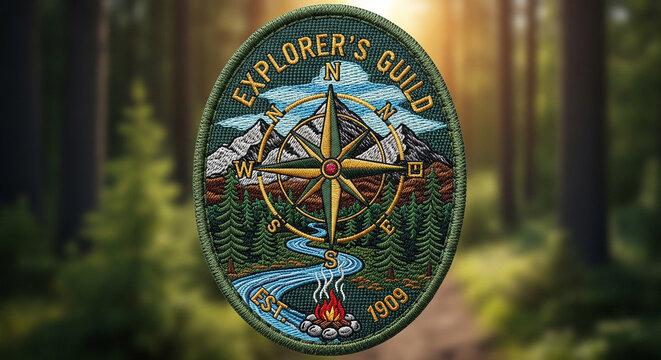 Explorer's guild embroidered patch concept with compass and landscape explorer embroidery adventure mountains navigation expedition climbing