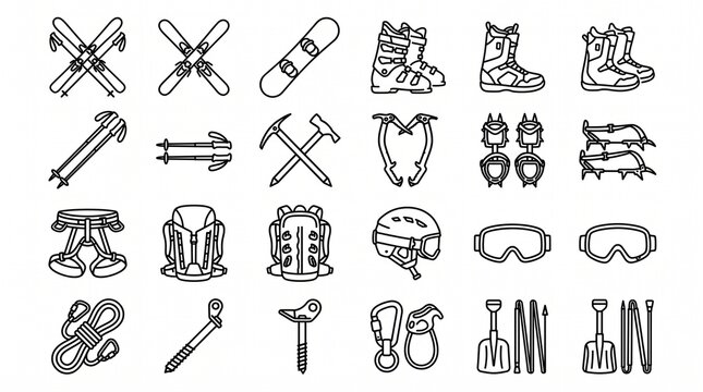 "Line art winter sports equipment icons including skis, snowboard, boots, poles, ice axes, crampons, harness, backpack, helmet, rope, goggles."
