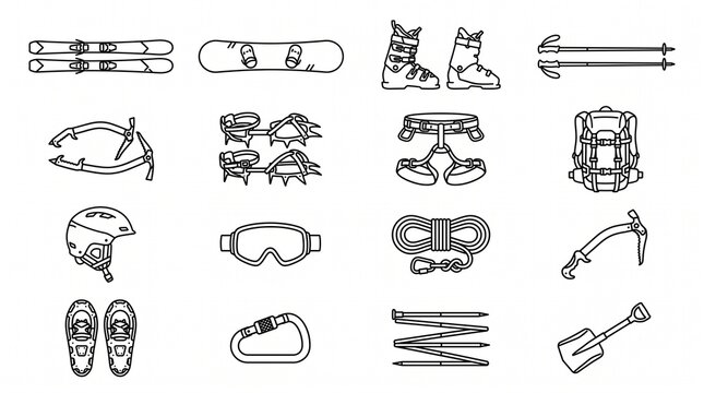 "Line art winter sports equipment icons including skis, snowboard, boots, poles, ice axes, crampons, harness, backpack, helmet, rope, goggles."