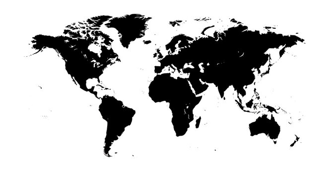 Detailed black silhouette world map isolated on white background with silhouette geography international continent cartography isolated