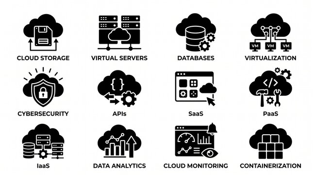 "Black cloud computing icons including storage, servers, databases, virtualization, cybersecurity, APIs, SaaS, PaaS, IaaS, analytics, and monitoring concepts."