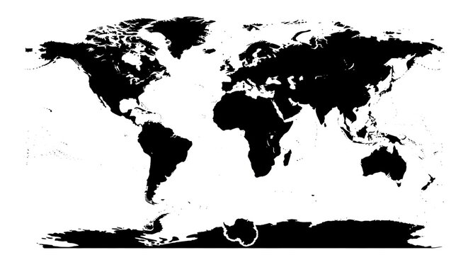 Black silhouette world map including antarctica on white background with silhouette antarctica geography continent cartography isolated