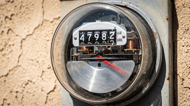 Close-up of an old analog electric power meter on a textured wall.