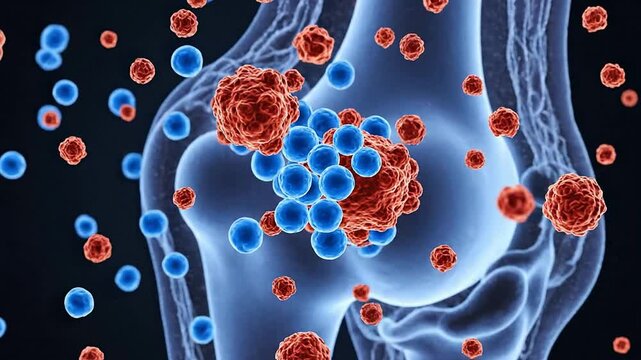 Biological Therapy Mechanism Concept Illustrating Cell Interactions and Molecular Dynamics at Joint Area with Dark Background