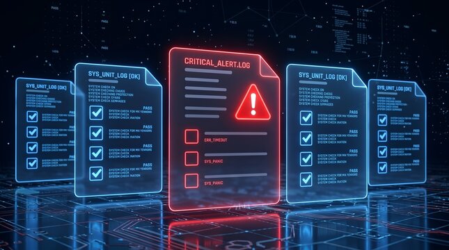 Cybersecurity critical alert system log failure showing red digital error document among verified files in server dashboard