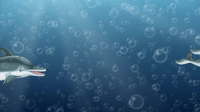 Animated Dolphins Swimming Through Deep Blue Ocean Water with Bubbles