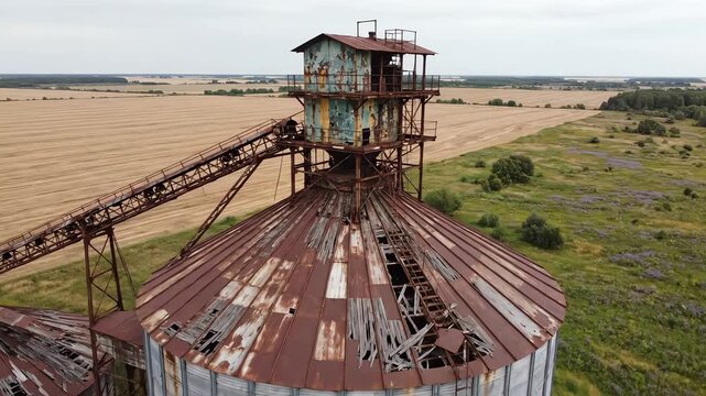 Aerial view of abandoned rusty grain silo in rural field