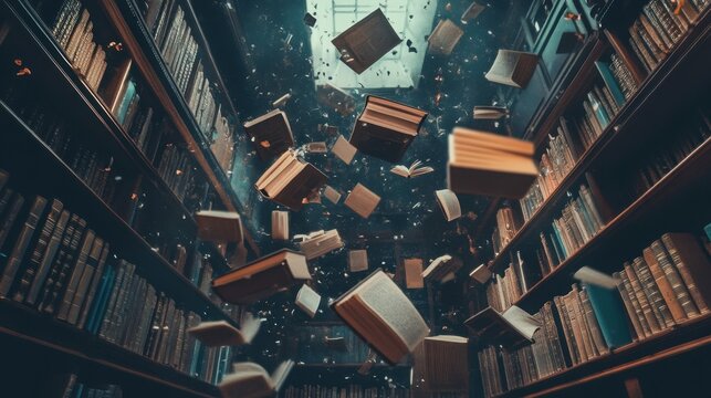 Floating books in magical library with endless rows of shelves