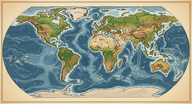 Vintage style physical map of the world with physical cartography geography nautical continent parchment exploration navigation topography