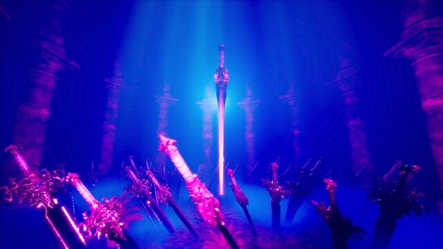 Electric Blue VJ Loop of Enchanted Blade Levitating Above Cursed Sword Graveyard