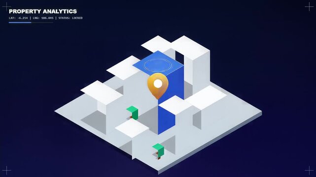 Isometric property analytics animation with abstract buildings