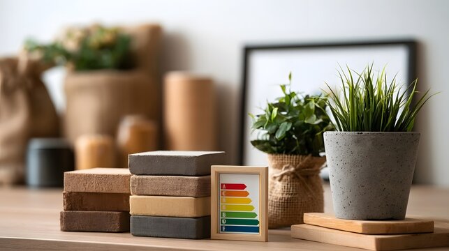 A framed energy efficiency rating chart sits beside stacked fabric coasters and potted green plants on a wooden surface