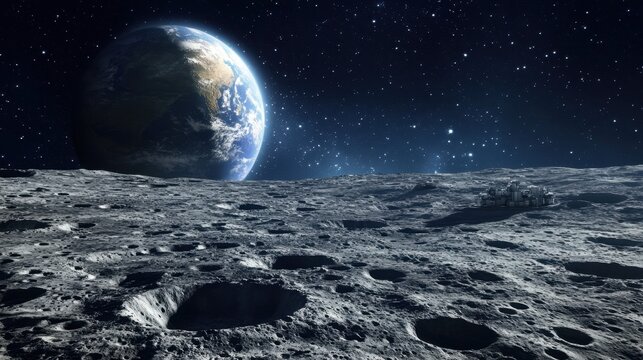 Lunar surface base with earth in view under starry night sky