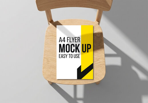 Realistic Minimalist A4 Flyer Mockup on Wooden Chair