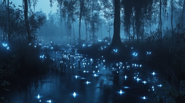 Enchanting forest with glowing fireflies illuminating a serene swamp